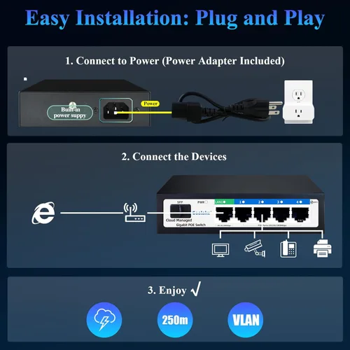 Vista 6 de Conmutador Poe, conmutador Gigabit PoE de 5 puertos (conmutador Gigabit de 4 puertos + 1 gigabit uplink+ 1 ranura SFP) Conmutador Gigabit Ethernet