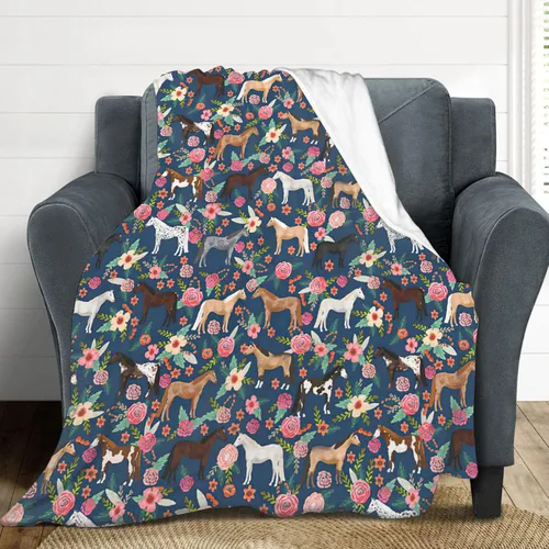 Vista 5 de Manta de caballo para niñas y mujeres, manta de franela de forro polar de animales del oeste, suave y ligera, manta de felpa azul para niños