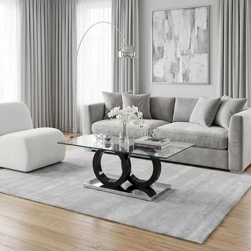 Vista 3 de Mesa de centro de cristal para sala de estar, mesa moderna de vidrio templado y patas de MDF, pequeña mesa de centro moderna (negro, estilo 1)