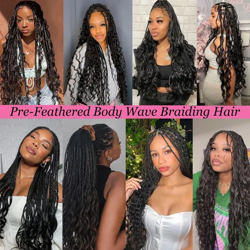 Vista 6 de Unionbeauty - Cabello trenzado ondulado de 18 pulgadas, paquete de 3 unidades, cabello trenzado preemplumado, trenzas bohemias negras para trenzas