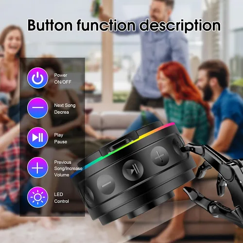 Vista 6 de Altavoz Bluetooth para Ducha, Altavoz Bluetooth Portátil Sonido Estéreo con Ventosa/Cordón, Micrófono Incorporado, Altavoces Inalámbricos IPX7 Negro