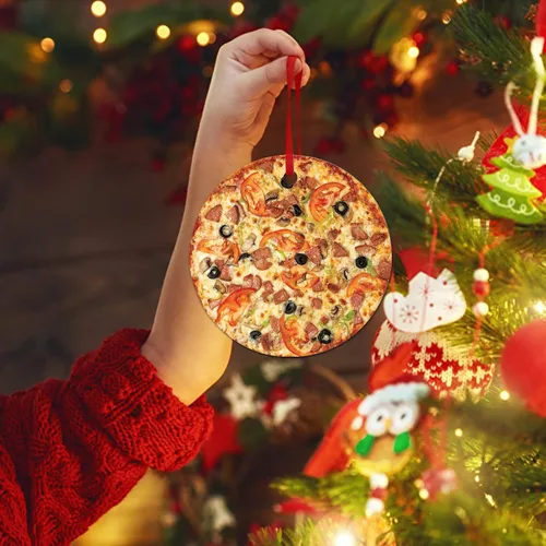 Vista 6 de Decoración de árbol de Navidad de pizza crujiente mixta adorno de Navidad Tomates Salami y Aceitunas Pizza Colgante Adorno de Navidad Adorno