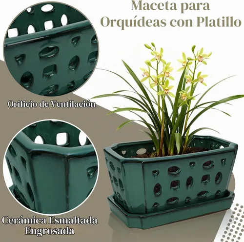 Vista 3 de Pumtus Maceta de cerámica para orquídeas con platillo y agujeros, maceta rectangular grande con guantes y 3 palas, maceta decorativa esmaltada
