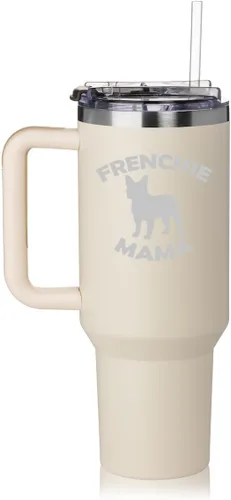 Vista 7 de Daylor Vaso de 40 onzas con asa y tapa con pajilla, taza de viaje aislada de acero inoxidable, taza de viaje Frenchie Mama French Bulldog (negro)
