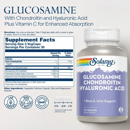 Vista 2 de SOLARAY Glucosamina Condroitina y Ácido Hialurónico, 1500mg/1000mg/20mg 90 Cápsulas