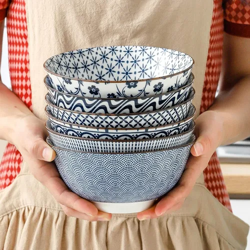 Vista 2 de Tazones de porcelana para cereales de 24 onzas a 6 pulgadas, juego de 6, cuencos vintage azules y blancos para arroz, ensalada, aperitivos