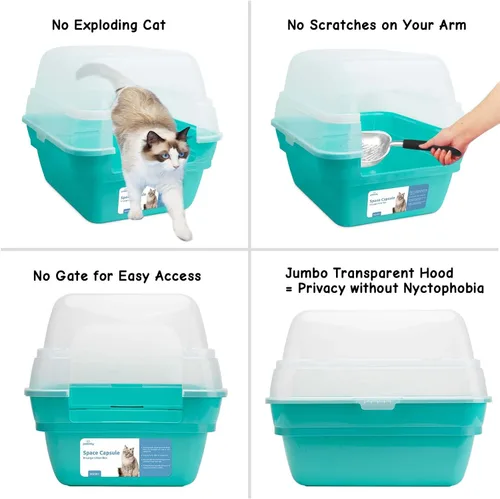 Vista 3 de Caja de arena para gatos Petfamily, caja de arena grande plegable jumbo con techo y tapa transparente (Azul verdoso)