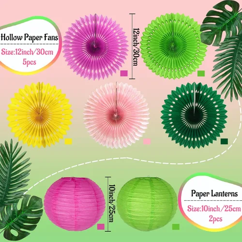 Vista 3 de Decoraciones de fiesta de flamenco tropical, kit de fiesta de hojas de palma de loro, incluye linternas de papel de nido de abeja de flamenco
