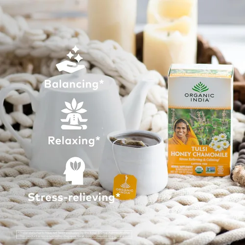 Vista 3 de Organic India Tulsi - Bolsas de té de manzanilla y miel - Té de hierbas para aliviar el estrés y calmar, apoyo inmunológico, adaptógeno, sin gluten