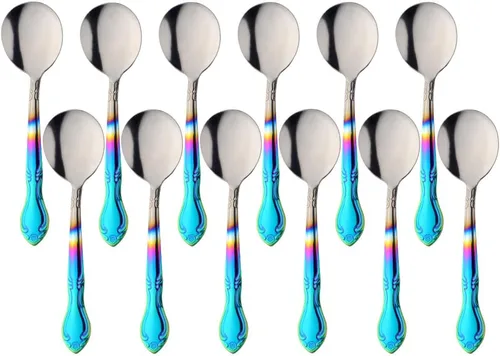 Vista 16 de Cucharas de sopa, cucharas redondas de acero inoxidable para caldo con borde de flor, juego de 12 piezas de acero inoxidable para café, azúcar