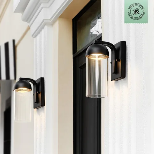 Vista 3 de Globe Electric 60000023 - Aplique de pared LED integrado de 12 W, negro mate, pantalla de vidrio transparente, luz de porche, luces de pared