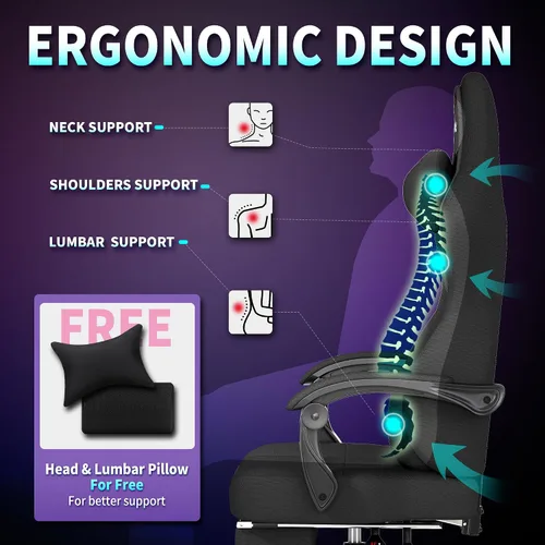 Vista 6 de Silla de juegos, sillas de juegos grandes y altas para adultos con reposapiés y soporte lumbar, cómoda silla de computadora de tela ergonómica