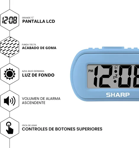 Vista 3 de Sharp - Reloj despertador con batería con funda suave al tacto y luz de fondo, color azul claro