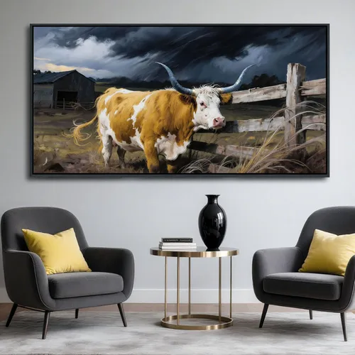 Vista 14 de AJAZIKO Arte de Pared de Vaca de las Tierras Altas - Decoración de Pared de Granja y Campo Rústico, Cuadros Grandes en Lienzo para Sala de Estar