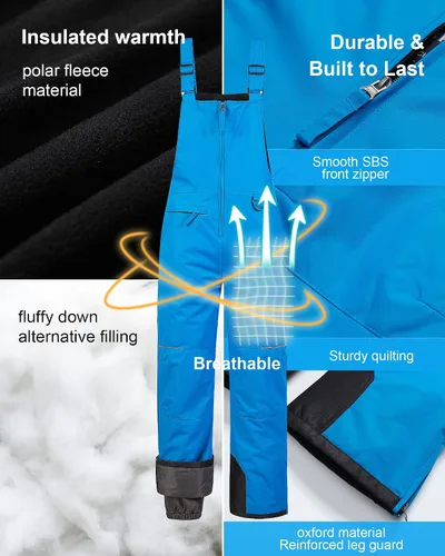 Vista 4 de Pursky Pantalones de nieve para niños, baberos de esquí de invierno con aislamiento impermeable, pantalones de nieve de forro polar, overoles