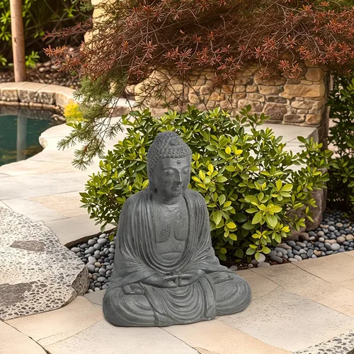 Vista 6 de LuxenHome - Estatua de Buda para exteriores e interiores, estatuas de jardín de Buda meditadoras de piedra de fibra de 17 pulgadas, esculturas zen