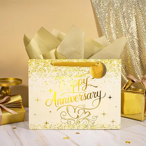 Vista 5 de LeZakaa Bolsa de aniversario de boda de 13 pulgadas con papel de seda, etiqueta y tarjeta de felicitación, bolsa de regalo con purpurina dorada