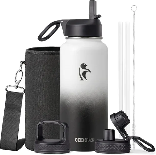 Vista 65 de Coolflask Botella de agua de 20 onzas aislada con pajilla, 3 tapas de metal de acero inoxidable, botella de agua de boca ancha para deportes u