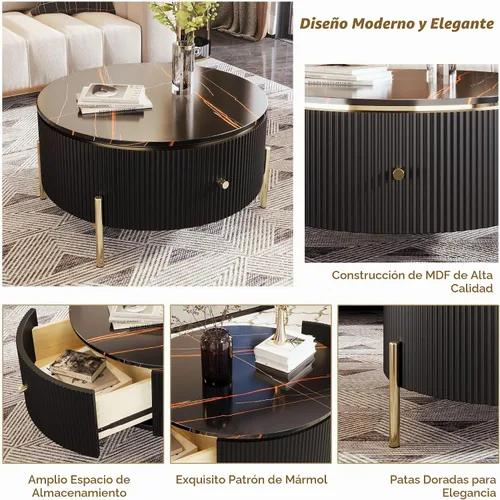 Vista 6 de Mesa de centro redonda moderna con 2 cajones grandes para sala de estar, color negro (31.5 pulgadas)