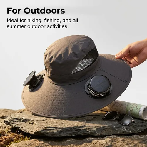 Vista 7 de Sombrero de ventilador alimentado por energía solar, con 2 ventiladores de carga solar USB extraíbles, sombrero de ala ancha para pesca al aire