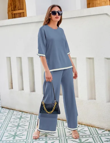 Vista 6 de Tanming - Conjuntos de suéter para mujer, 2 piezas, conjuntos de lounge, tops de punto de manga corta, pantalones de pierna ancha