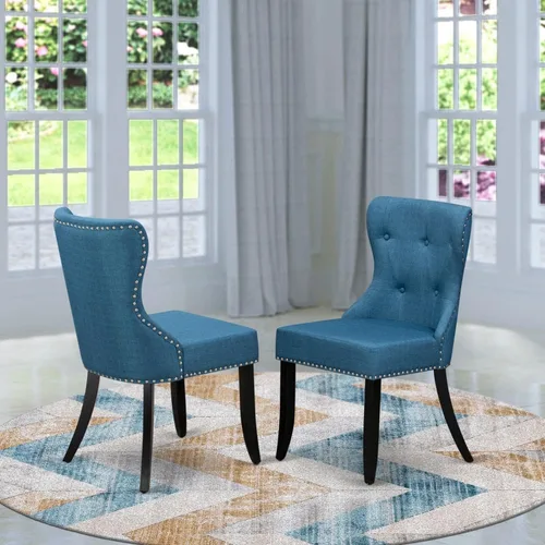 Vista 2 de East West Furniture SIP1T21 Sion Parson - Juego de 2 sillas tapizadas de tela de lino azul con ribete de clavos y botones copetudos, color negro