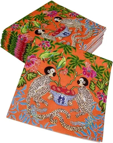 Vista 6 de Caspari Servilletas de cóctel de papel Monkeys en naranja, 20 por paquete