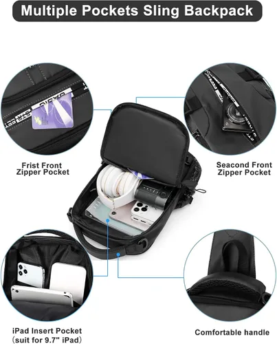 Vista 13 de Mochila cruzada pequeña negra para hombre y mujer, H-Negro, S, Moda