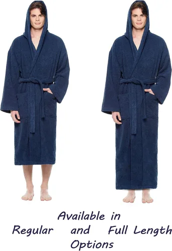 Vista 2 de Arus - Bata de baño clásica de algodón turco con capucha para hombre con opción de longitud larga