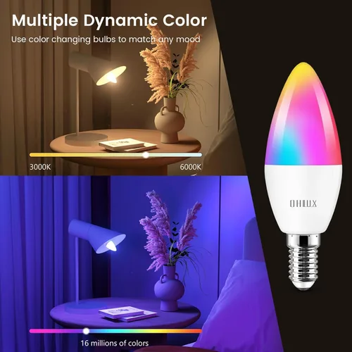 Vista 3 de OHLUX E12 Led Bulb, Smart Candelabra Led Light Bulbs 5W 40 Watt Equivalent, Color Changing Light Bulb RGB Compatible with Alexa Google Home, Candle