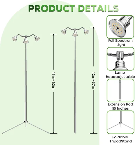 Vista 8 de Luces de crecimiento de espectro completo para plantas de interior de 15 a 62 pulgadas de altura ajustable de aleación de aluminio lámparas