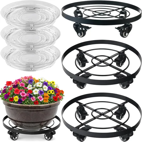 Vista 15 de Paquete de 3 posavasos de metal para plantas de 10.6 pulgadas, con ruedas, soporte rodante resistente para plantas con ruedas para interiores y Negro