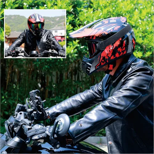 Vista 6 de Casco de motocross DOT Dirtbike ATV Motocicleta Bicicleta de Montaña Casco de cara completa con gafas y guantes, máscara rojo brillante Tormenta S