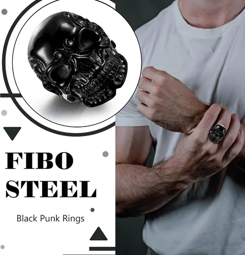 Vista 2 de FIBO STEEL Anillos de acero inoxidable de cráneo de cabeza, color negro, para hombres y mujeres, tamaños 8-14