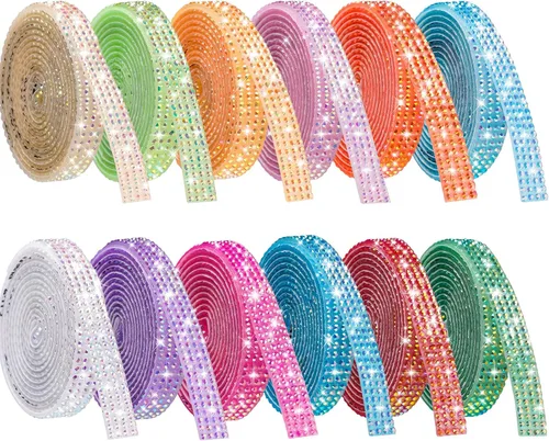 Vista 10 de NiArt Cinta autoadhesiva de diamantes de imitación de cristal, 12 rollos de 0.35 in de ancho, total de 12 yardas, multifuncional, DIY decorativa, 12