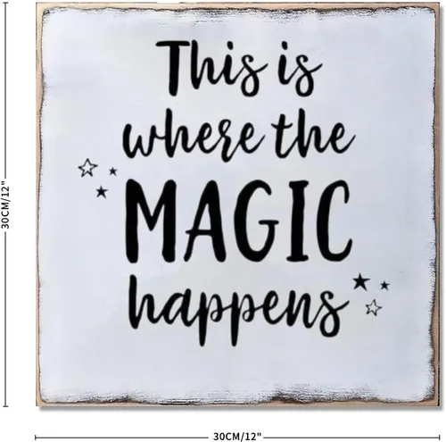 Vista 2 de Letrero de madera colgante para decoración de pared del hogar, con texto en inglés «This is Where the Magic Happens», placa artística para sala