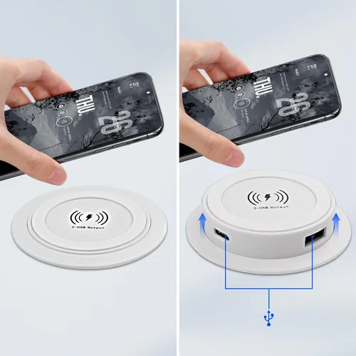 Vista 3 de XMSJSIY Cargador Inalámbrico de Escritorio Integrado 10W 3-en-1 USB A/Tipo C Pop-UP Estación de carga rápida multifuncional inalámbrica