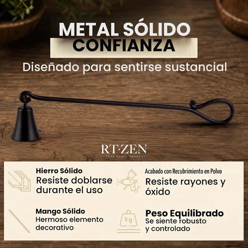 Vista 6 de RTZEN Campana de velas rústica con campana - Apagador de velas de hierro forjado decorativo hecho a mano con mango largo - Accesorios únicos