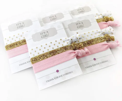 Vista 3 de Girl Baby Shower Favors, Hair Ties Bracelets, Pink and Gold Party Decorations and Supplies (5 Pack)