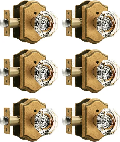 Vista 40 de Gobrico Juego de pomos de puerta de vidrio transparente para interiores, cerradura de puerta de cristal de diamante de privacidad en latón antiguo