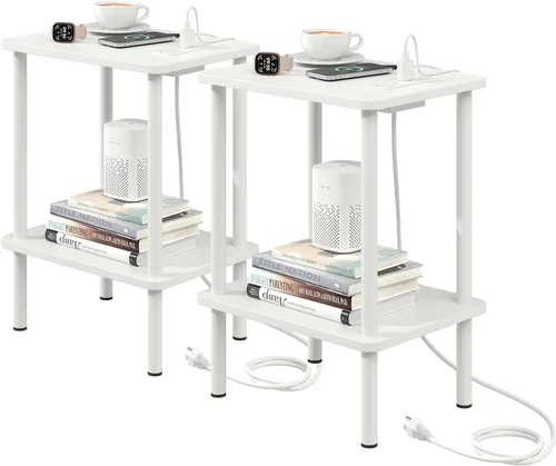 Vista 25 de Apicizon - Mesa auxiliar de 2 niveles, pequeña mesa auxiliar con patas de madera maciza, mesa de noche estilo boho con estante de almacenamiento