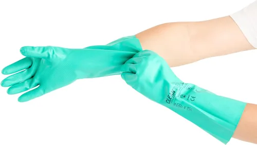 Vista 12 de Restaurantware Guantes de limpieza verdes, 10 pares de guantes de nitrilo de 15 mil de grosor, pequeños y resistentes con puño largo, forro