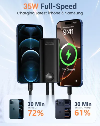 Vista 2 de Cargador Portátil Power Bank 20,000mAh para Viajes y Aire Libre, Cargador Portátil de Super Carga Rápida PD 35W con 2 Cables Integrados, Pantalla