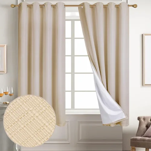 Vista 100 de Diraysid Cortinas 100% opacas de lino beige para dormitorio, con ojales, aislamiento térmico, cortinas de oscurecimiento de habitación