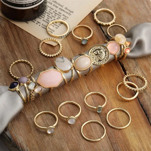 Vista 6 de Juego de anillos de nudillos de cristal dorado para mujeres y adolescentes anillos gruesos coloridos juego de anillos de plata dorada paquete