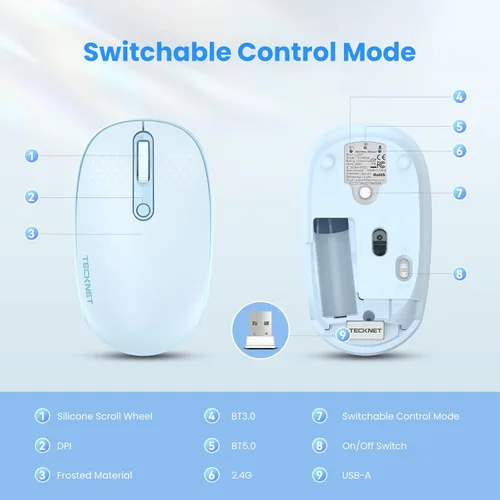 Vista 7 de TECKNET Ratón Inalámbrico Bluetooth (BT5.0/3.0 & 2.4G) Clic Silencioso Compacto y Portátil USB Óptico para Computadora, Ratón Bluetooth para Laptop
