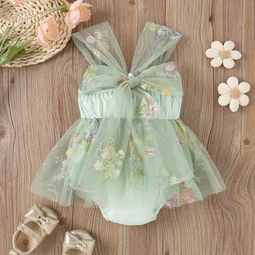 Vista 2 de IDOPIP Conjunto de 2 piezas para bebé recién nacido, con diadema, bordado de flores, tutú, princesa, fiesta de cumpleaños, conjunto de ropa