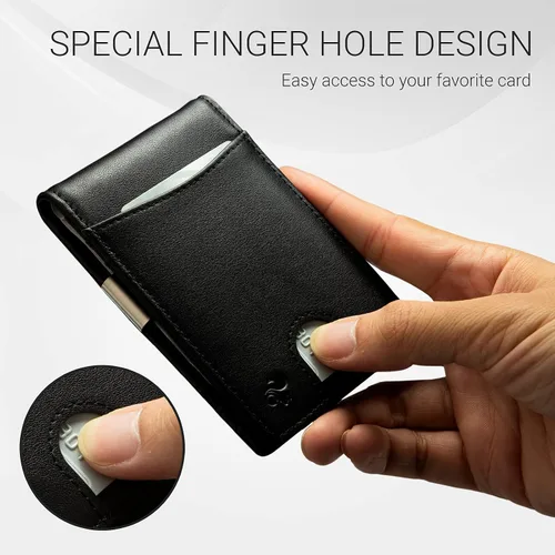 Vista 2 de GULEYRI Cartera delgada de piel auténtica italiana biblada para hombres y mujeres con clip para dinero y bloqueo RFID tarjetero minimalista