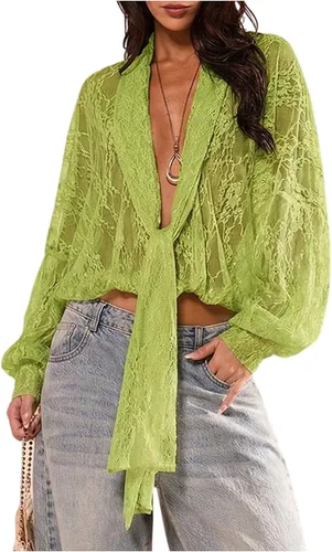 Vista 15 de SOLY HUX Blusa de encaje para mujer, manga larga, malla transparente con lazo frontal Marrón (pure brown)