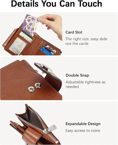 Vista 3 de BOSTANTEN Cartera de cuero para mujer, pequeña, con bloqueo RFID, bolsillo con cremallera, tarjetero con ventana de identificación, 1- marrón